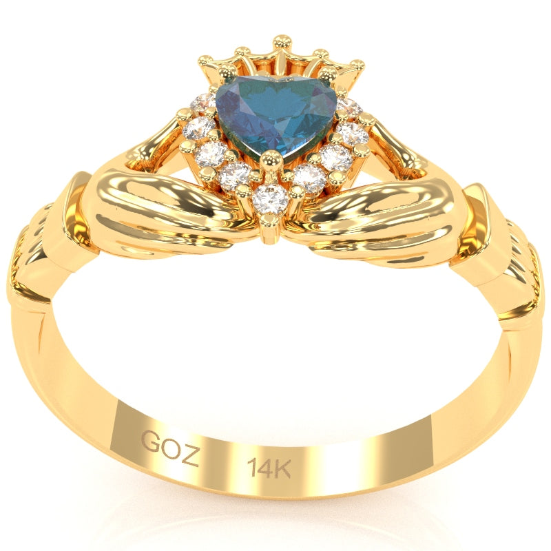 Claddagh Lab-Created Alexandrite Diamond Ring In Solid 14k Yellow Gold