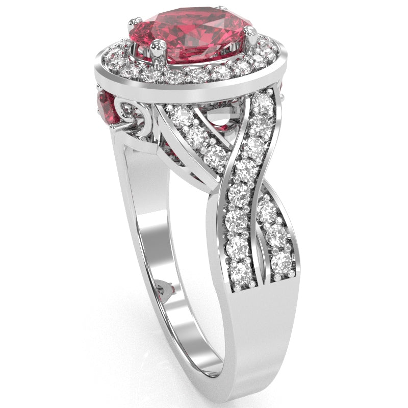 Three Stone Pink Tourmaline Diamond Peekaboo Halo Engagement Ring In 14k White Gold