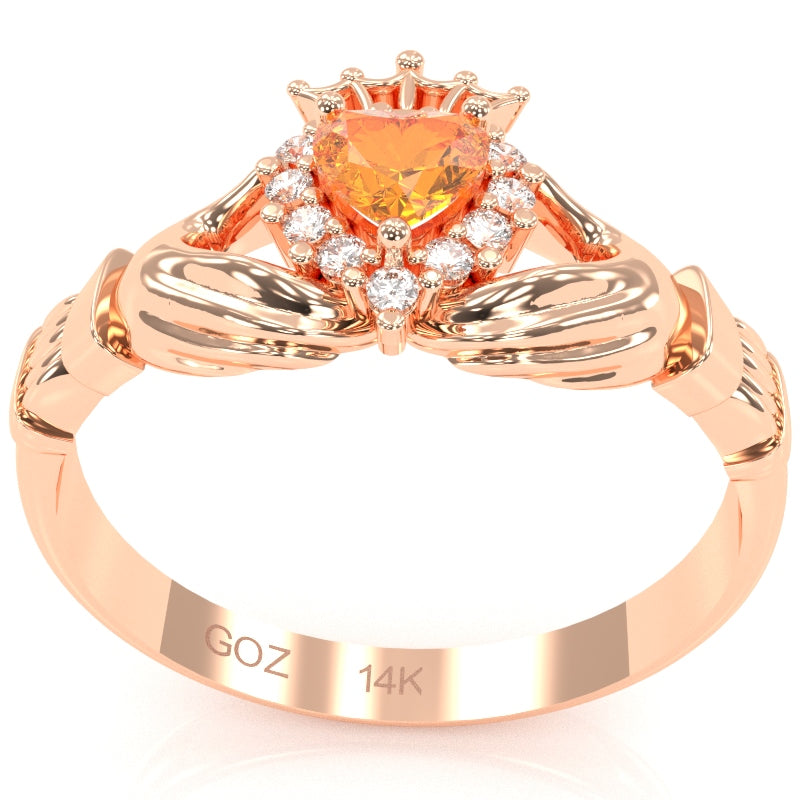 Claddagh Citrine Diamond Ring In Solid 14k Rose Gold