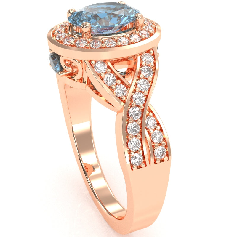 Three Stone Blue Topaz Diamond Peekaboo Halo Engagement Ring In 14k Rose Gold