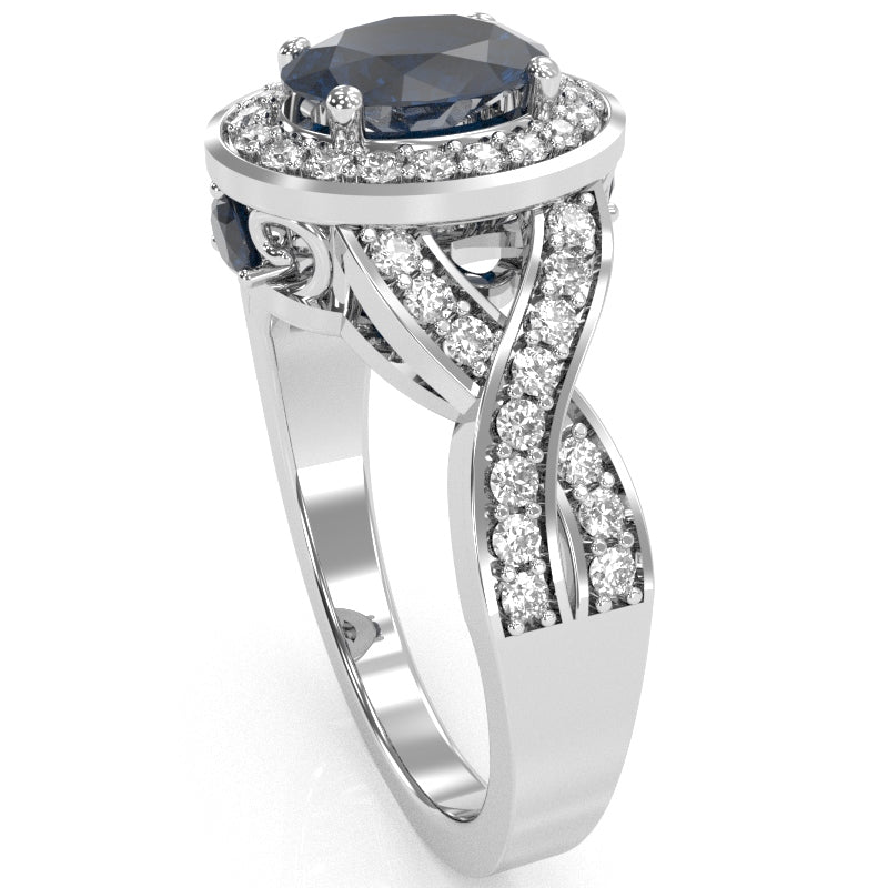 Three Stone Lab-Created Sapphire Diamond Peekaboo Halo Engagement Ring In 14k White Gold