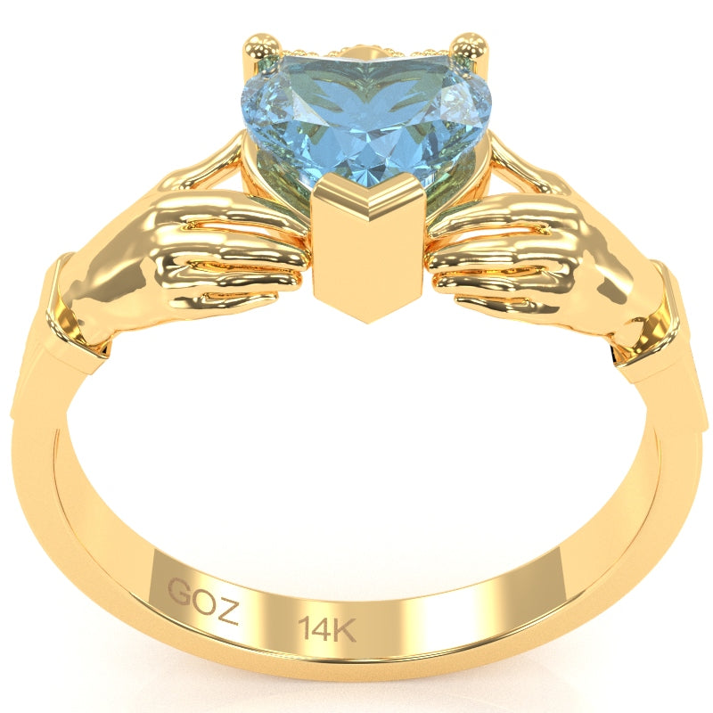 Claddagh Blue Topaz Ring In Solid 14k Yellow Gold