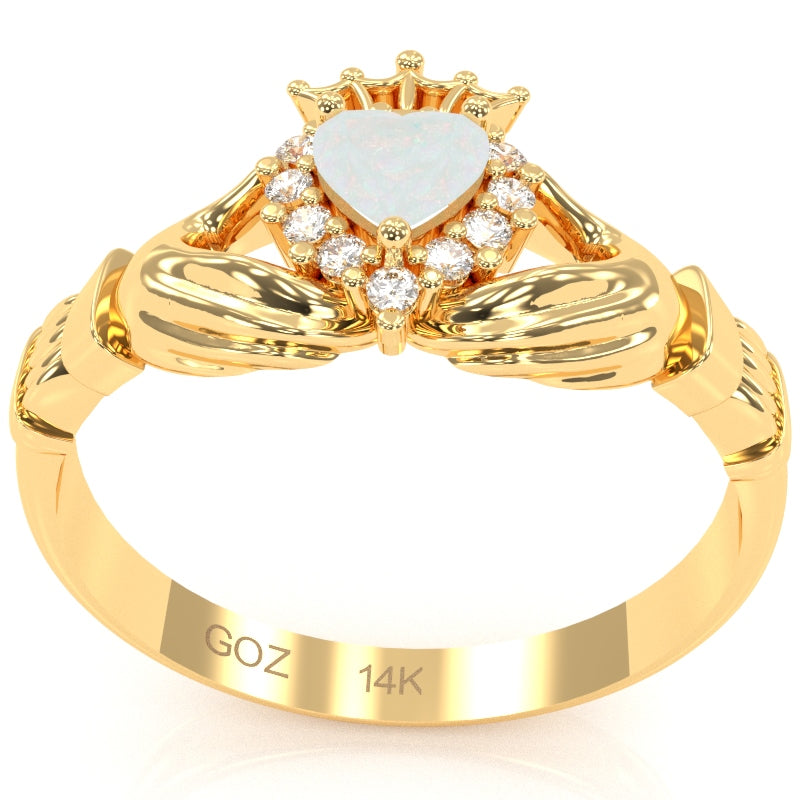Claddagh Opal Diamond Ring In Solid 14k Yellow Gold