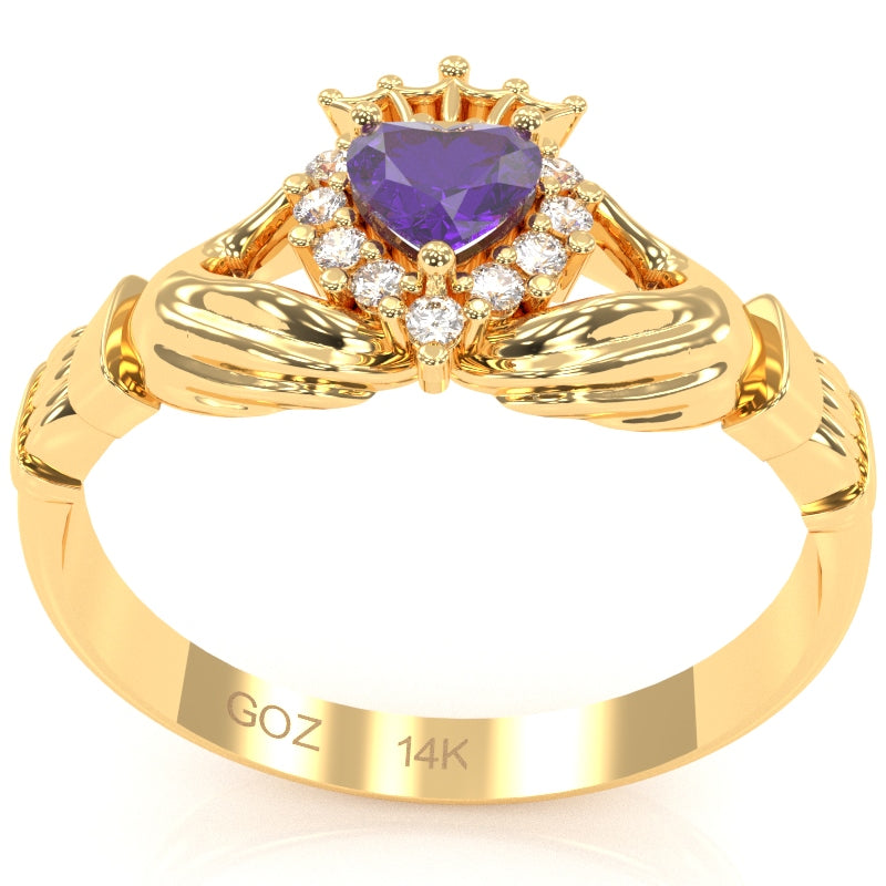 Claddagh Amethyst Diamond Ring In Solid 14k Yellow Gold