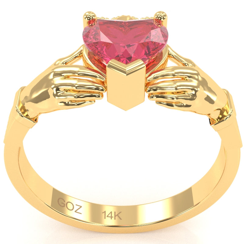Claddagh Pink Tourmaline Ring In Solid 14k Yellow Gold