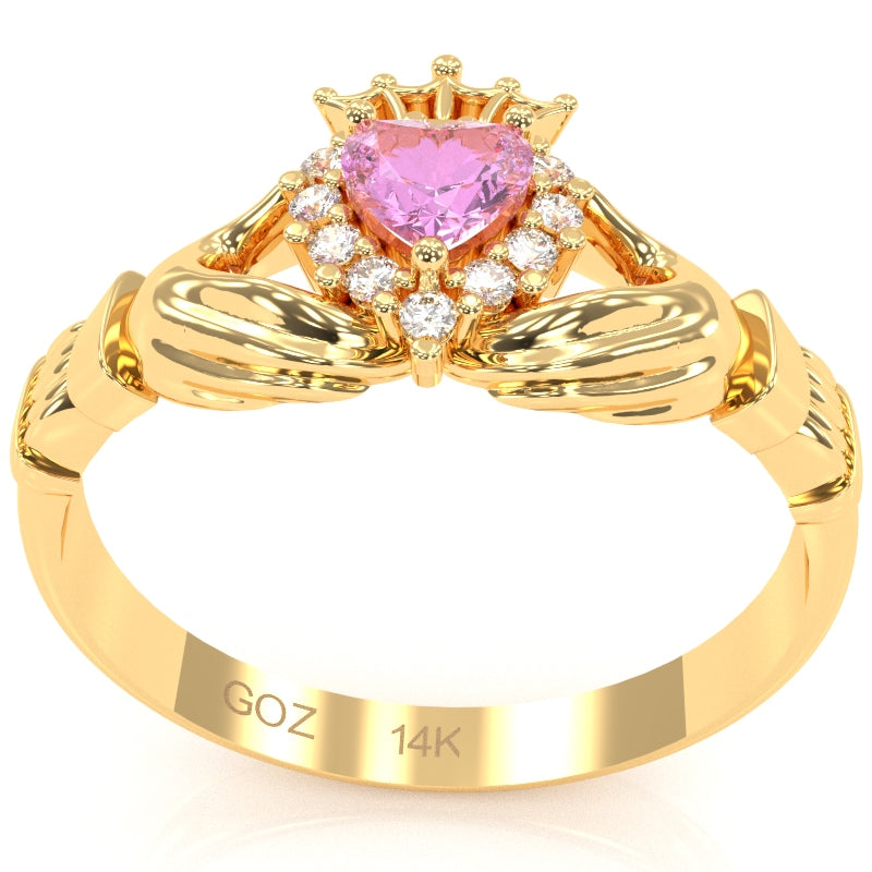 Claddagh Lab-Created Pink Sapphire Diamond Ring In Solid 14k Yellow Gold