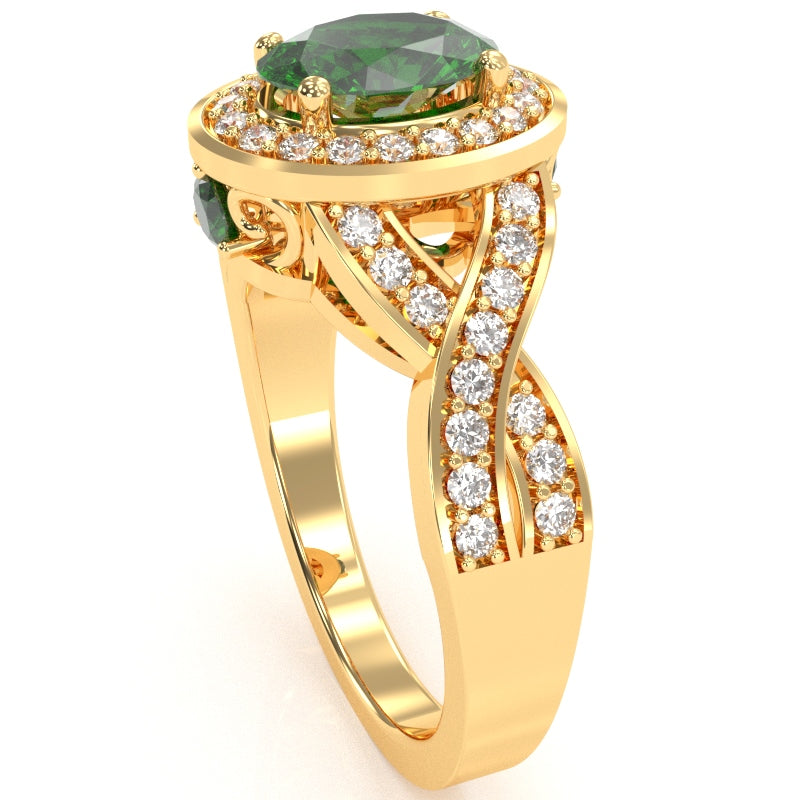 Three Stone Lab-Created Emerald Diamond Peekaboo Halo Engagement Ring In 14k Yellow Gold