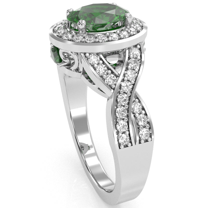 Three Stone Lab-Created Emerald Diamond Peekaboo Halo Engagement Ring In 14k White Gold