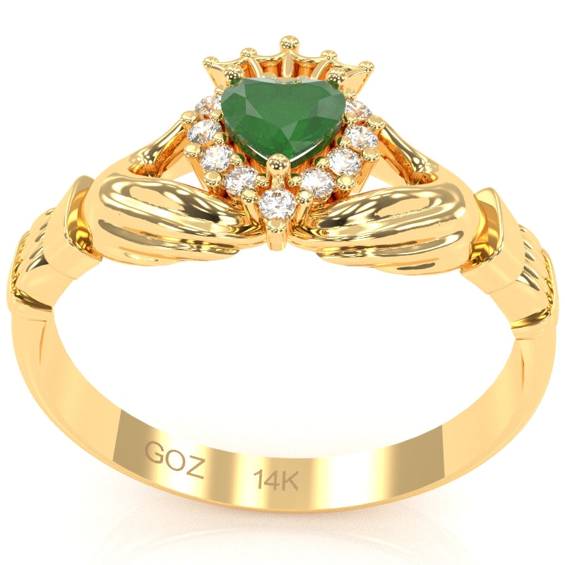 Claddagh Emerald Diamond Ring In Solid 14k Yellow Gold
