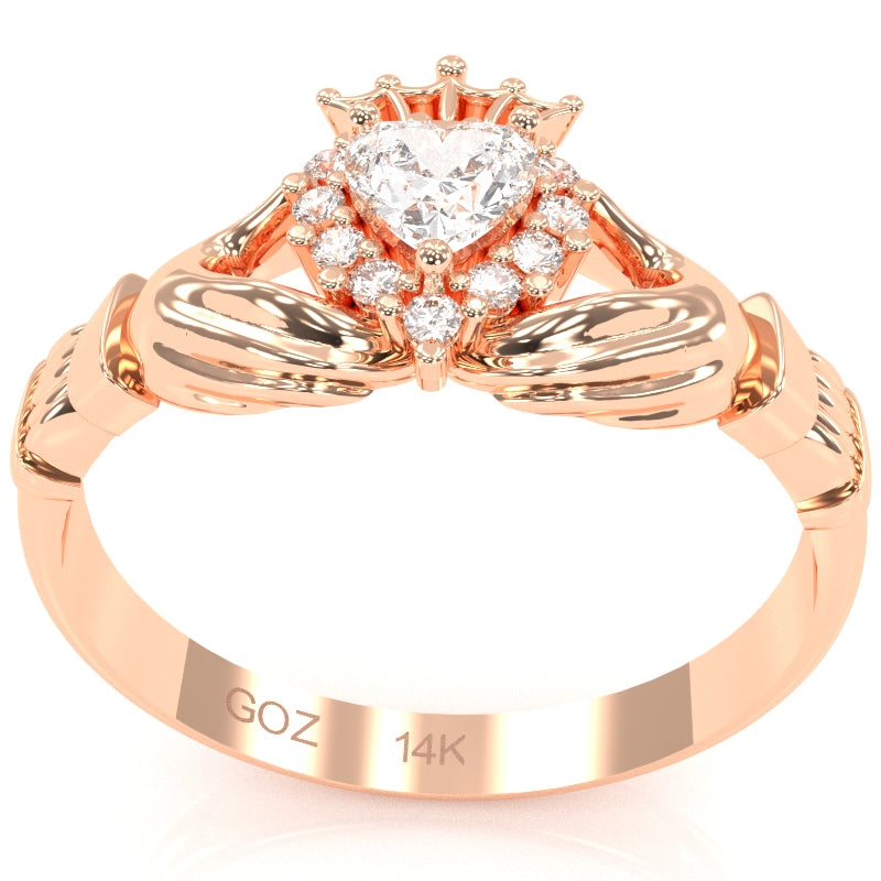 Claddagh White Topaz Diamond Ring In Solid 14k Rose Gold