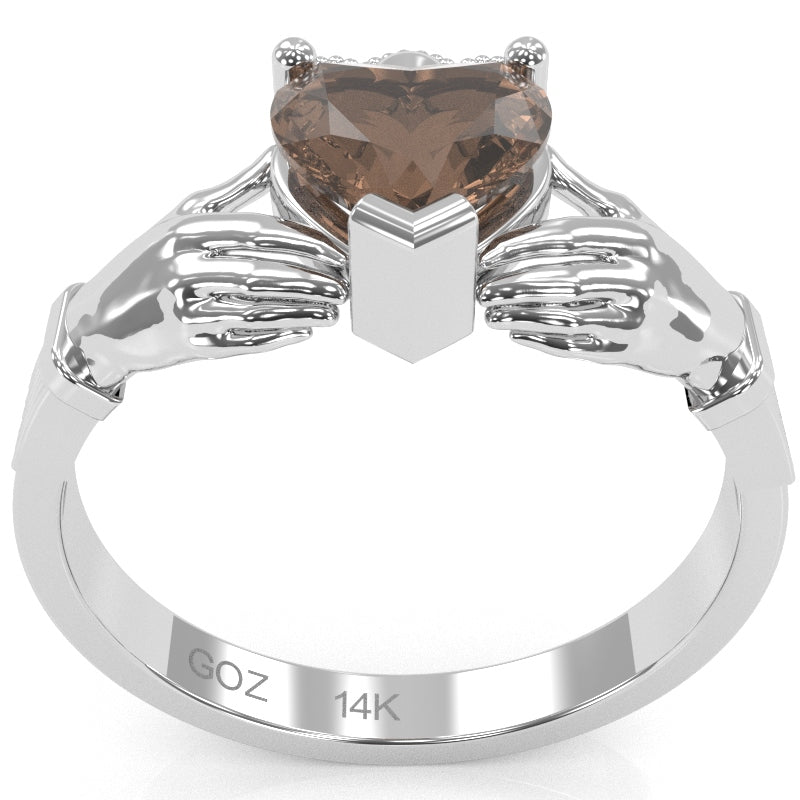 Claddagh Smoky Quartz Ring In Solid 14k White Gold