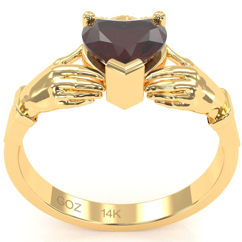 Claddagh Garnet Ring In Solid 14k Yellow Gold
