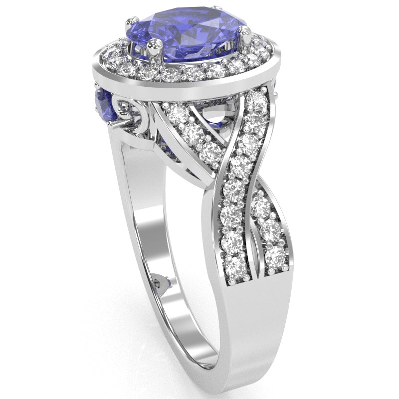 Three Stone Tanzanite Diamond Peekaboo Halo Engagement Ring In 14k White Gold
