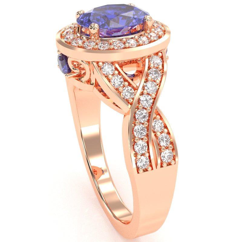Three Stone Tanzanite Diamond Peekaboo Halo Engagement Ring In 14k Rose Gold