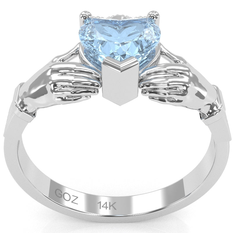 Claddagh Aquamarine Ring In Solid 14k White Gold