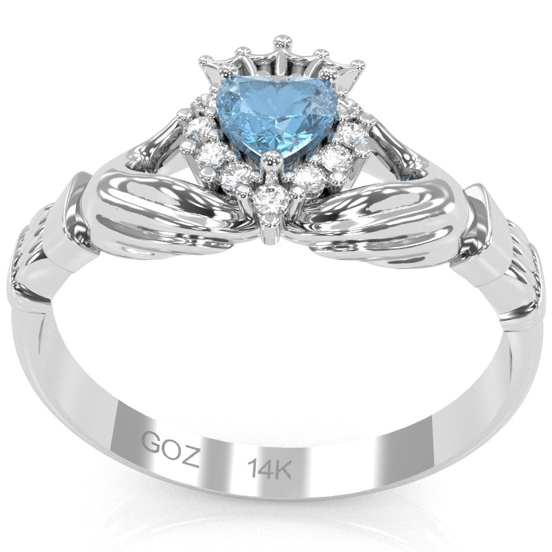 Claddagh Blue Topaz Diamond Ring In Solid 14k White Gold