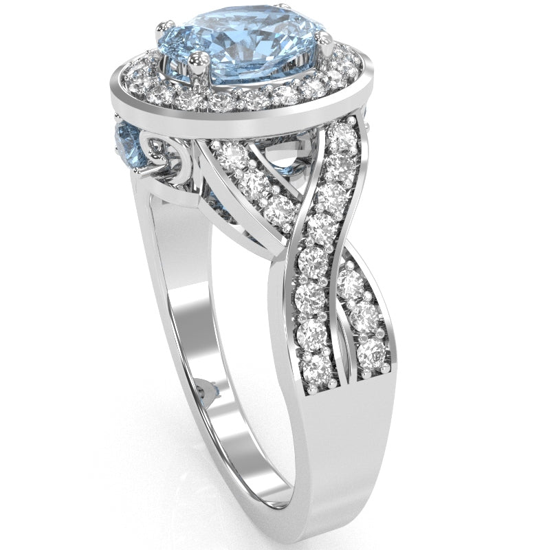 Three Stone Aquamarine Diamond Peekaboo Halo Engagement Ring In 14k White Gold