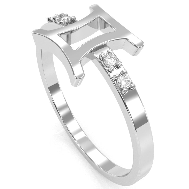 Gemini Zodiac Sign Diamond Ring In Solid 14k White Gold