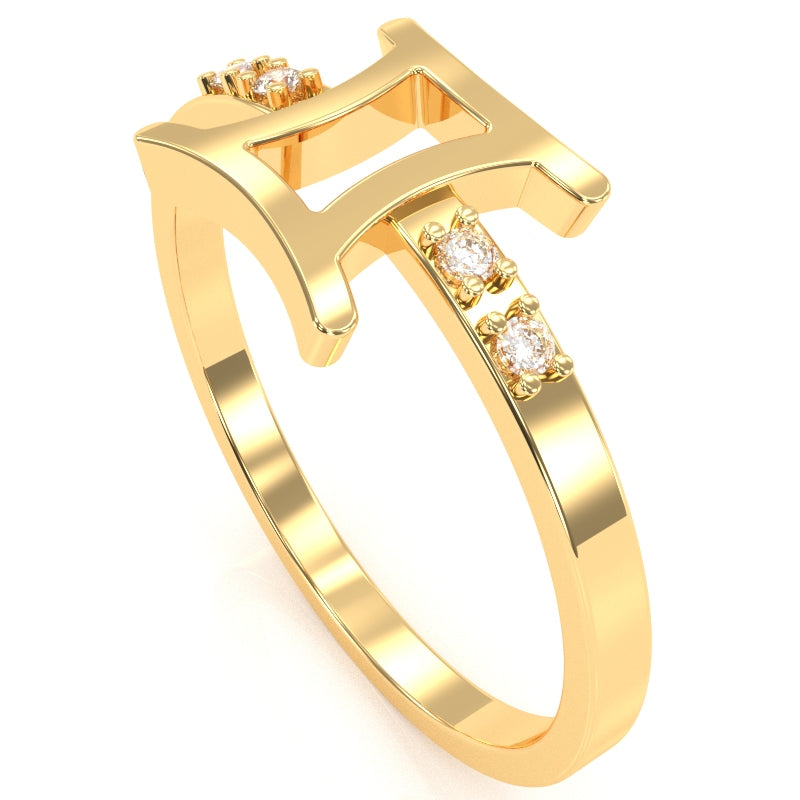 Gemini Zodiac Sign Diamond Ring In Solid 14k Yellow Gold