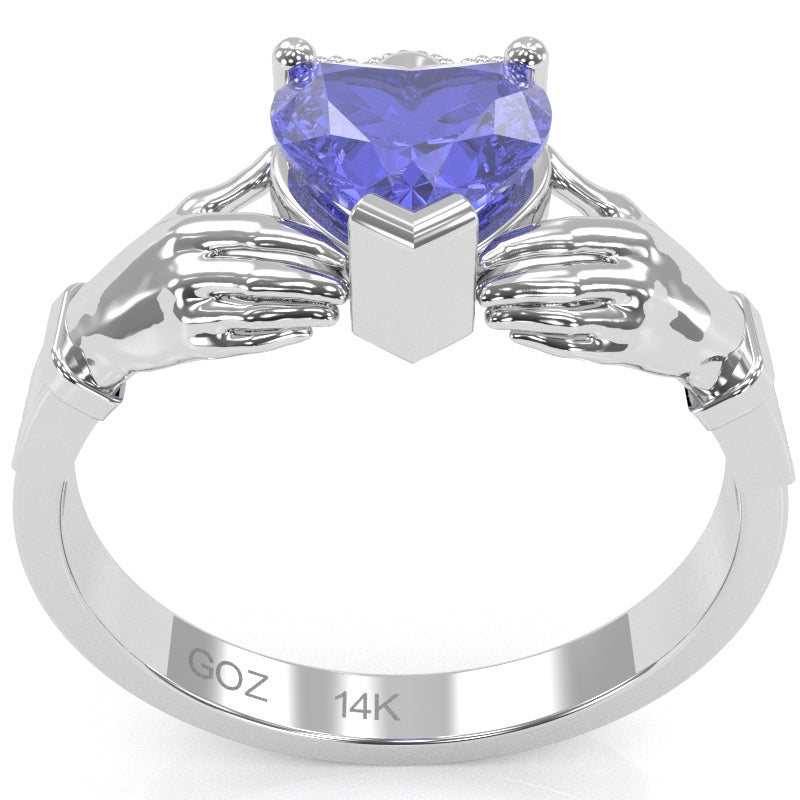 Claddagh Tanzanite Ring In Solid 14k White Gold