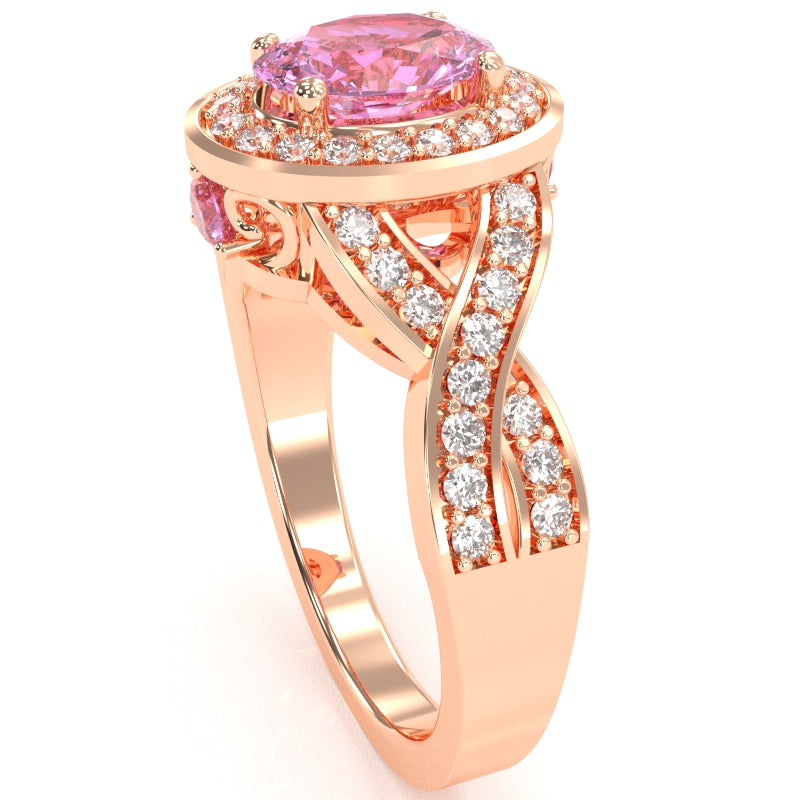 Three Stone Lab-Created Pink Sapphire Diamond Peekaboo Halo Engagement Ring In 14k Rose Gold