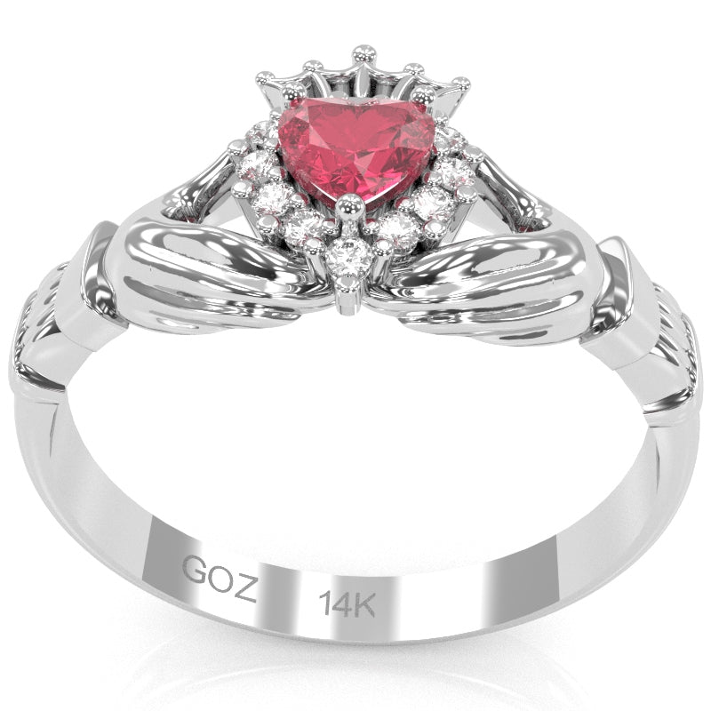 Claddagh Pink Tourmaline Diamond Ring In Solid 14k White Gold