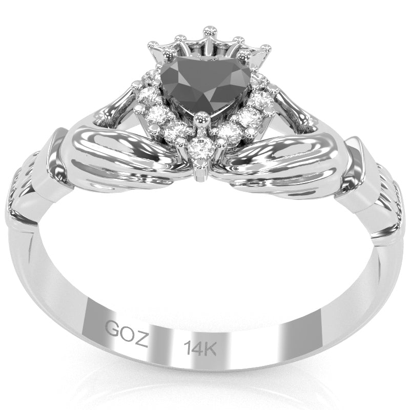 Claddagh Black Onyx Diamond Ring In Solid 14k White Gold