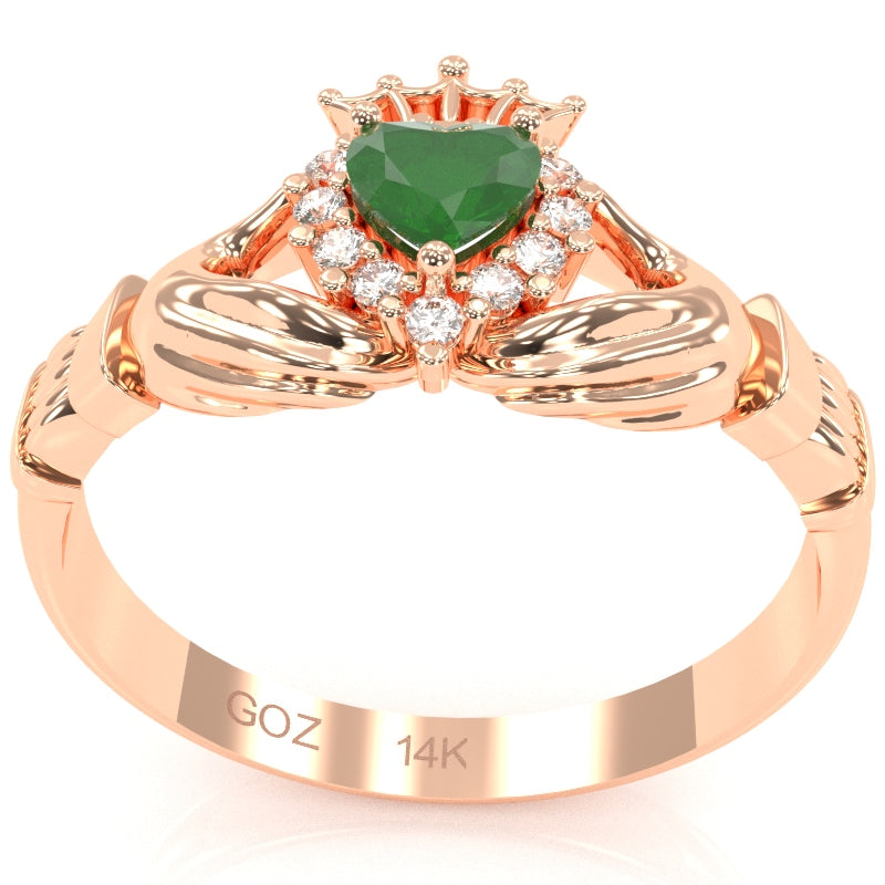 Claddagh Emerald Diamond Ring In Solid 14k Rose Gold