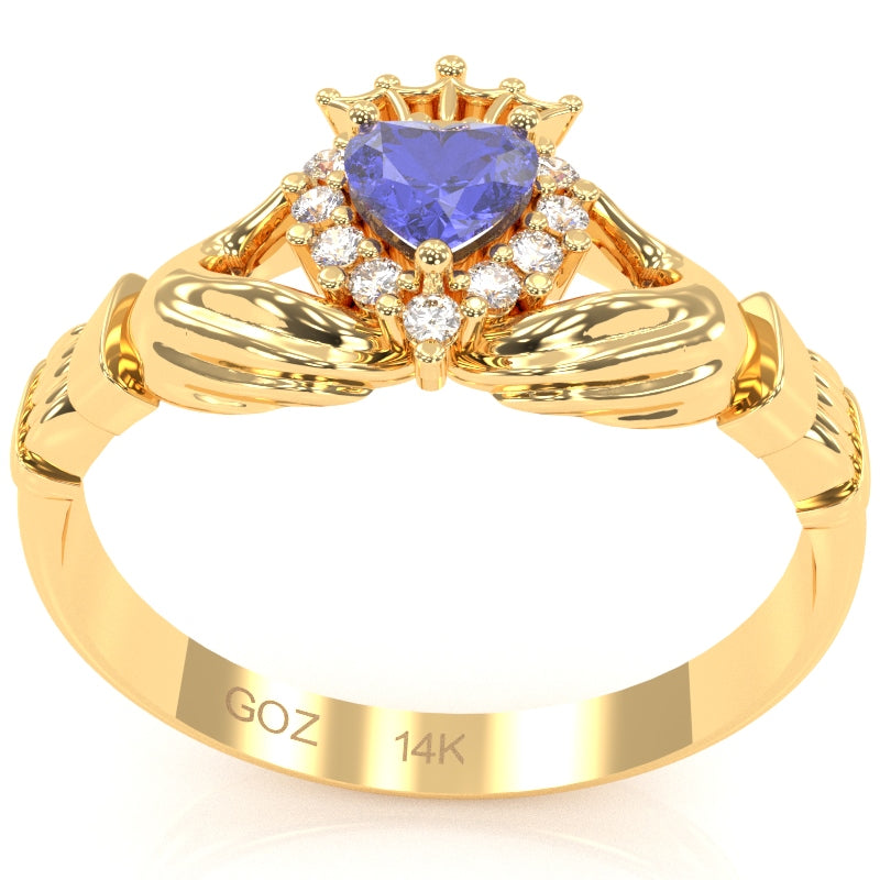 Claddagh Tanzanite Diamond Ring In Solid 14k Yellow Gold