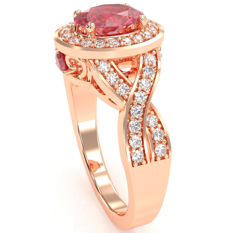 Three Stone Pink Tourmaline Diamond Peekaboo Halo Engagement Ring In 14k Rose Gold