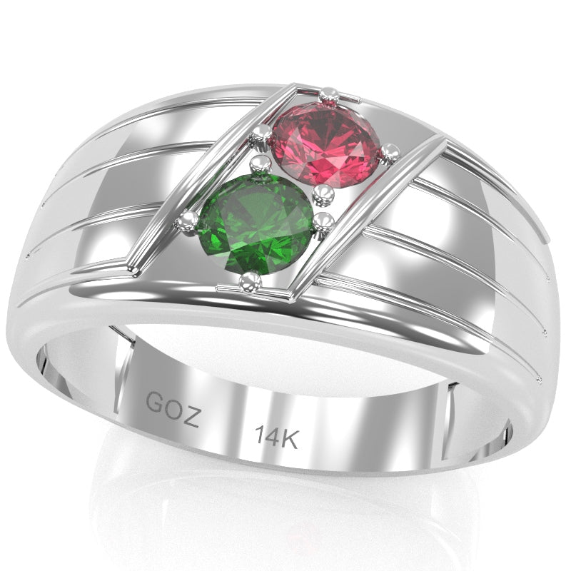 Men's Two Gemstone Birthstone Designer Ring In 14k White Gold