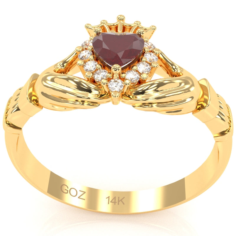 Claddagh Ruby Diamond Ring In Solid 14k Yellow Gold