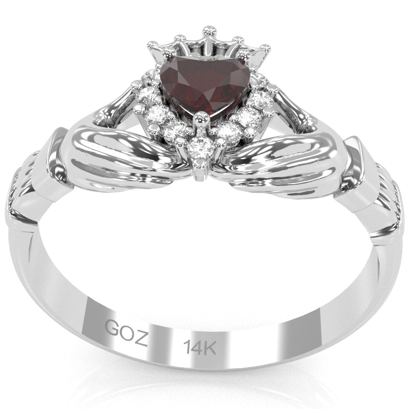 Claddagh Garnet Diamond Ring In Solid 14k White Gold