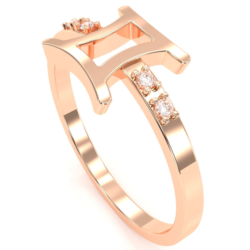 Gemini Zodiac Sign Diamond Ring In Solid 14k Rose Gold