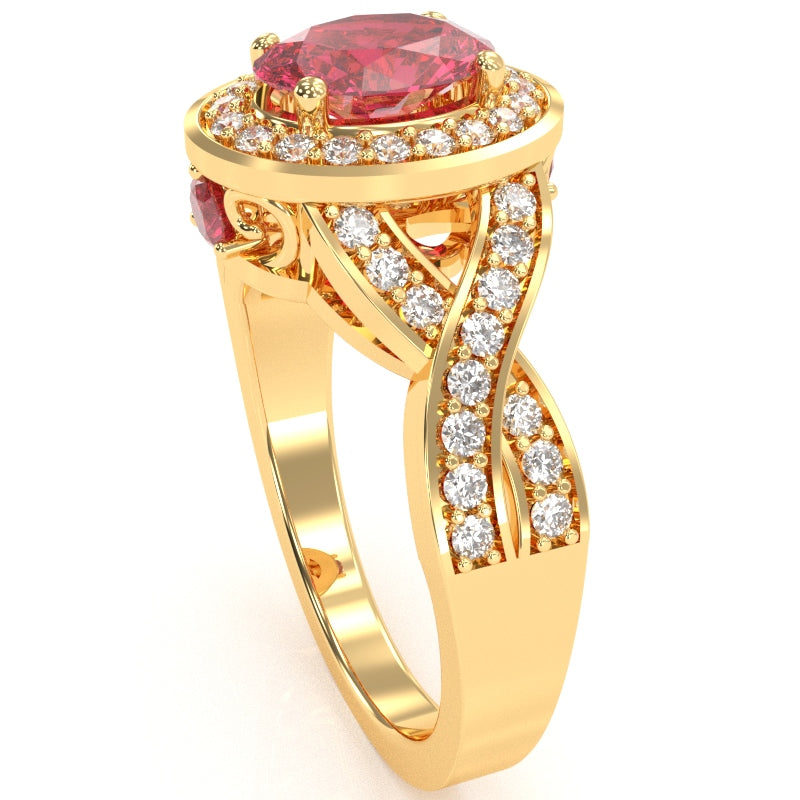 Three Stone Pink Tourmaline Diamond Peekaboo Halo Engagement Ring In 14k Yellow Gold