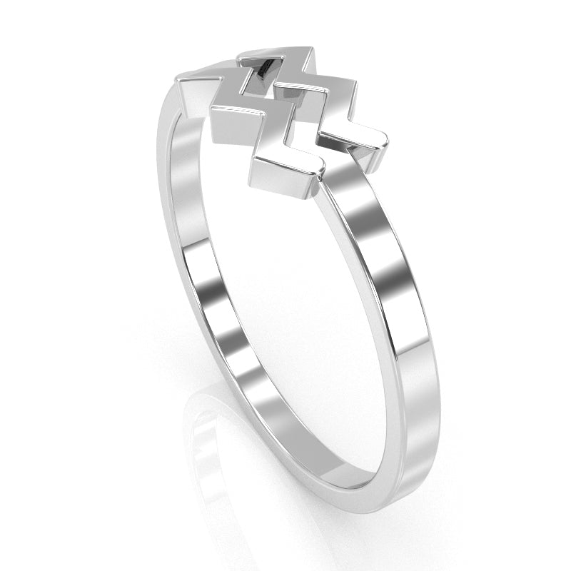 Aquarius Zodiac Sign Ring In Solid 14k White Gold