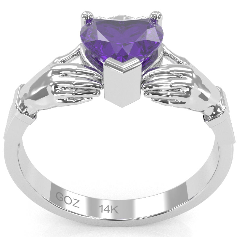 Claddagh Amethyst Ring In Solid 14k White Gold