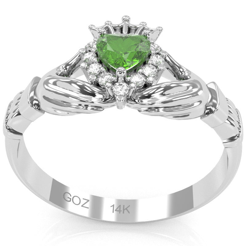 Claddagh Peridot Diamond Ring In Solid 14k White Gold