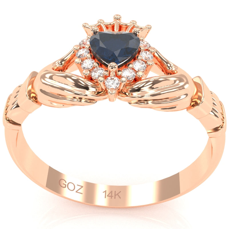 Claddagh Lab-Created Sapphire Diamond Ring In Solid 14k Rose Gold