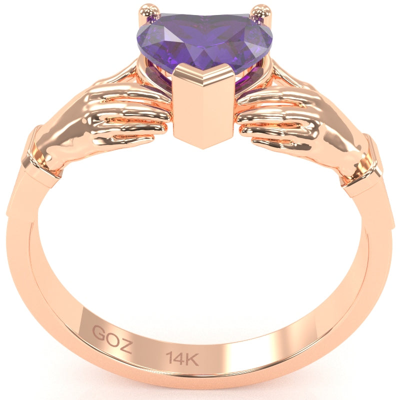 Claddagh Amethyst Ring In Solid 14k Rose Gold