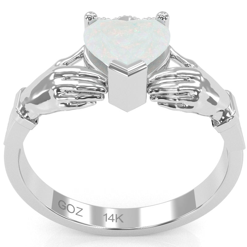 Claddagh Opal Ring In Solid 14k White Gold