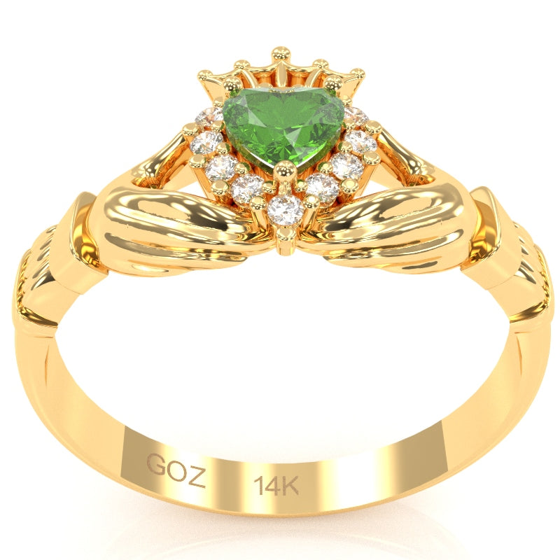 Claddagh Lab-Created Emerald Diamond Ring In Solid 14k Yellow Gold