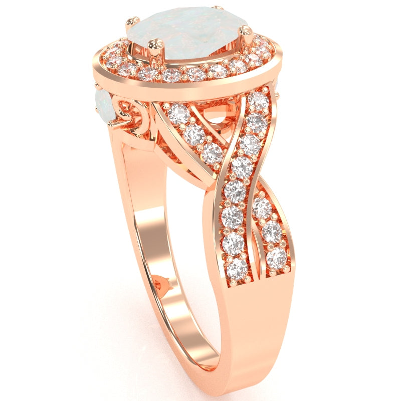 Three Stone Opal Diamond Peekaboo Halo Engagement Ring In 14k Rose Gold
