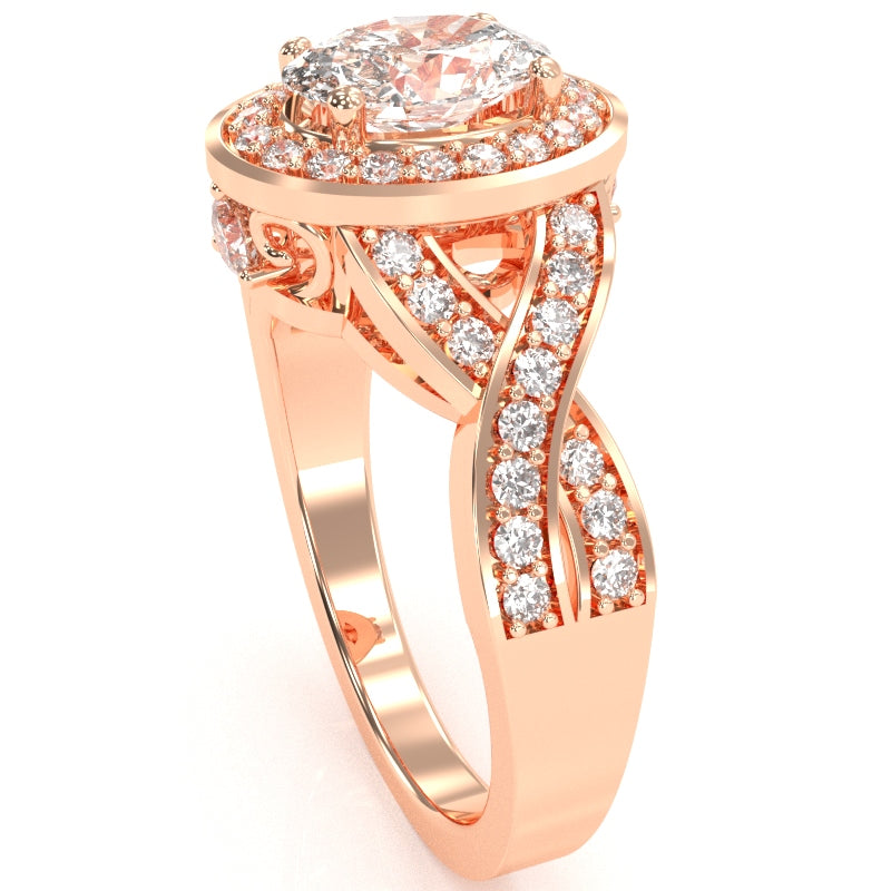 Three Stone White Topaz Diamond Peekaboo Halo Engagement Ring In 14k Rose Gold