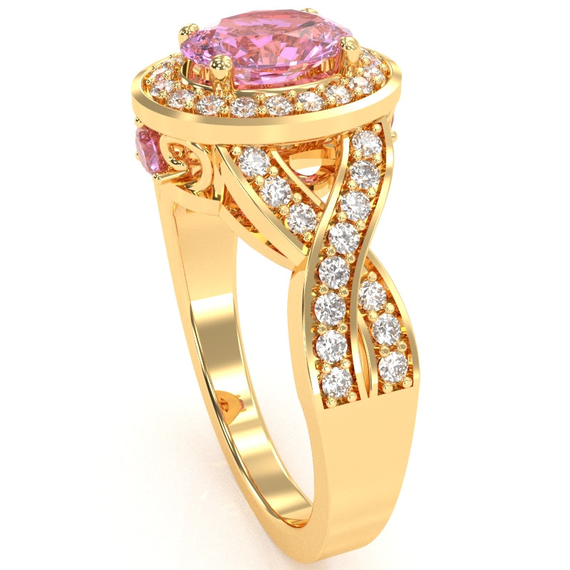 Three Stone Lab-Created Pink Sapphire Diamond Peekaboo Halo Engagement Ring In 14k Yellow Gold