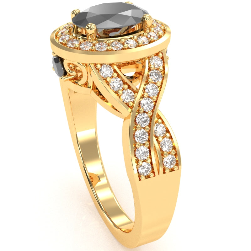 Three Stone Black Onyx Diamond Peekaboo Halo Engagement Ring In 14k Yellow Gold