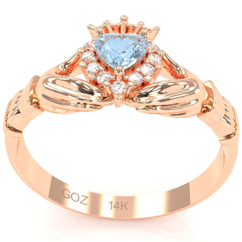 Claddagh Aquamarine Diamond Ring In Solid 14k Rose Gold