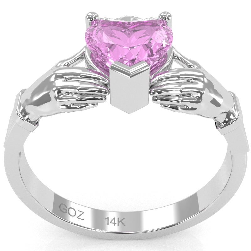 Claddagh Lab-Created Pink Sapphire Ring In Solid 14k White Gold