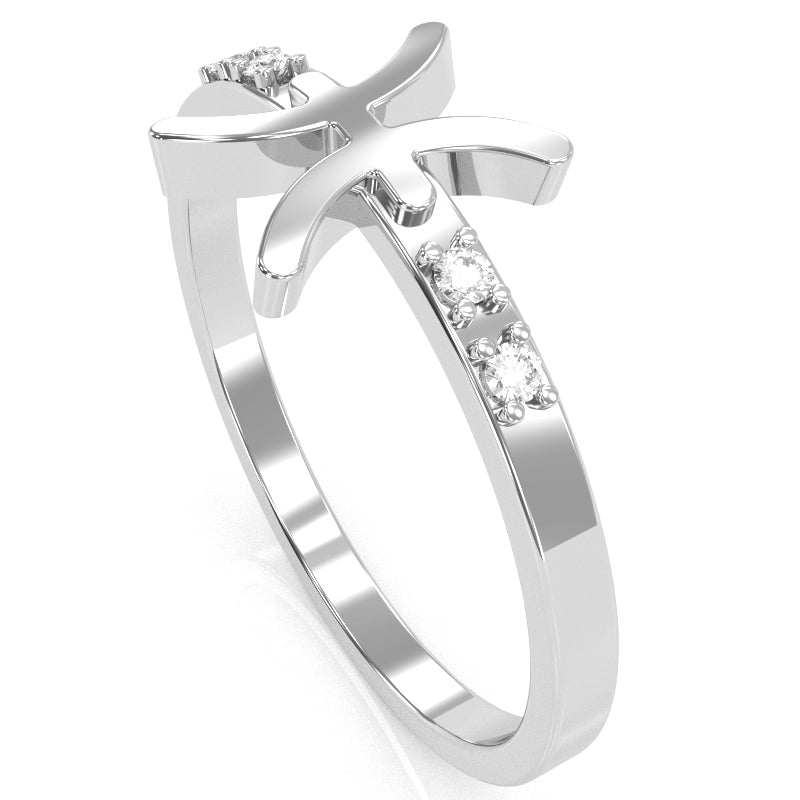 Pisces Zodiac Sign Diamond Ring In Solid 14k White Gold