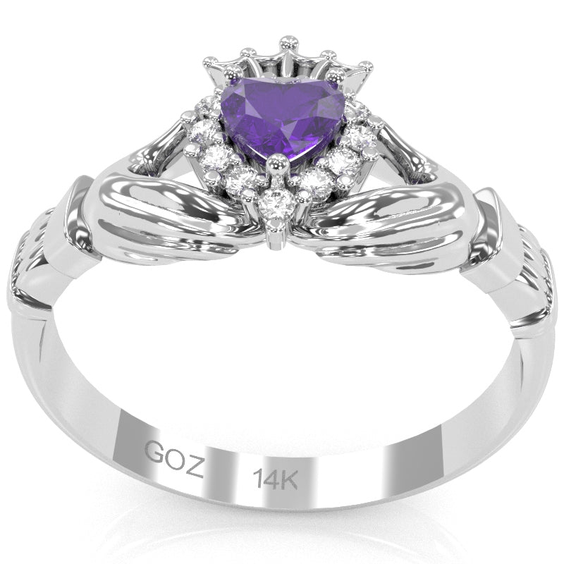 Claddagh Amethyst Diamond Ring In Solid 14k White Gold